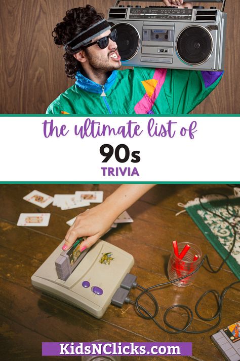 Click through to the blog for the ultimate list of 90s trivia! Over 250 facts about the 90s will keep you and your friends entertained on your next trivia night! These themed questions are filled with unforgettable pop culture moments, fashion trends, and major events. Get the full list inside! 90s Trivia Questions And Answers, 90s Trivia, Trivia Questions For Kids, Classroom Assistant, Pop Culture Trivia, Pop Culture Moments, Library Programming, 90s Pop Culture, Teachers Resources