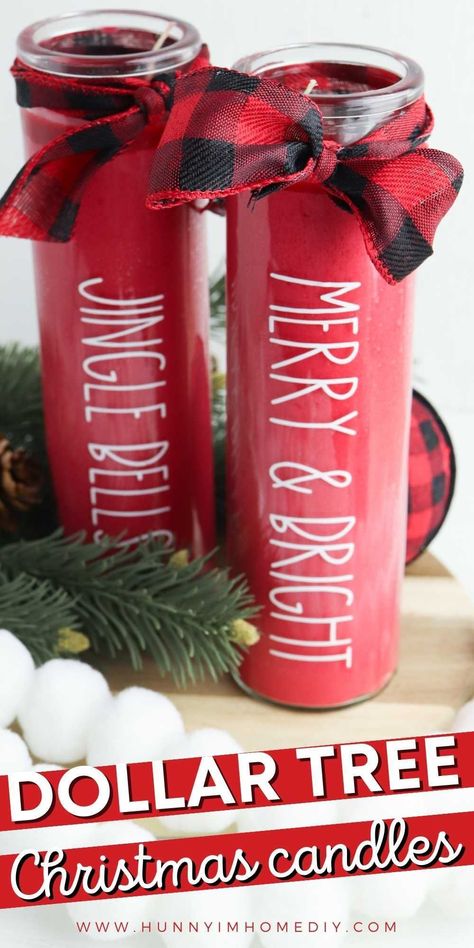 Cricut Candles Vinyl Projects Christmas, Diy Dollar Store Christmas Candles, Dollar Tree Pillar Candles, Diy Dollar Tree Christmas Tree Ideas, Christmas Things To Make And Sell, Cricut Christmas Candles, Christmas Candle Gift Ideas, Dollar Tree Diy Christmas Gifts, Dollar Tree Candles Diy