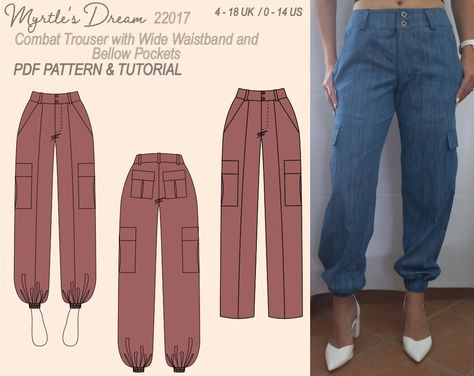 Pattern. Cargo pants low waist with multiple flap pockets. Sizes 4-18 UK. Intermediate sewing project. Cargo Pants Pattern Sewing, Cargo Pants Sewing Pattern, Cargo Pants Pattern, Cargo Pants Pockets, Pants Low Waist, Cargo Hose, Metric System, Seam Allowance, Make Your Own Clothes