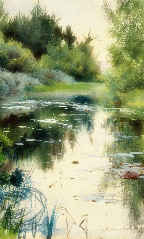 This is beautiful and I have no idea who to credit, or where it came from. Anders Zorn, Landscape Study, Hur Man Målar, 수채화 그림, Watercolor Landscape Paintings, Watercolor Inspiration, Watercolor Techniques, Water Lilies, Art Watercolor