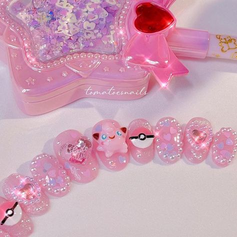 Jiggly Puff Nails, Pink Pokemon Nails, Jigglypuff Nails, Puffy Nails, Character Nails, Red Nail Art, Anime Nails, Nails Cute, Eye Base