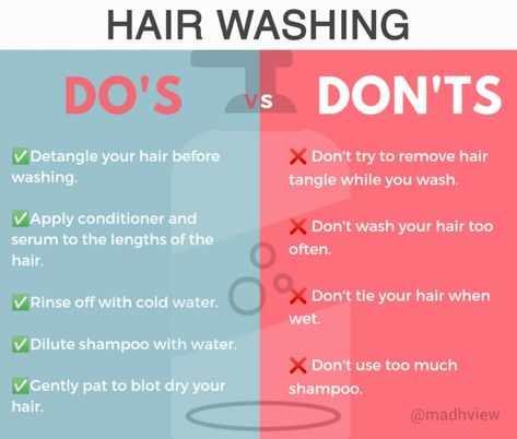 Hair wash is not just cleansing the hair. It's much more than that. And you have to do it in the right way to protect your hair. Here are few do's and don'ts that will help you avoid common mistakes and stay away from damage and hairfall during hair wash. FOLLOW @madhview on instagram for more! How To Stop Washing Hair Everyday, What To Do With Your Hair After Washing, What To Do Before Washing Your Hair, Best Ways To Wash Your Hair, The Right Way To Wash Your Hair, Hair Washing Schedule For Oily Hair, How Often Should You Wash Your Hair, How Many Times Should You Wash Your Hair, How To Not Wash Your Hair Everyday