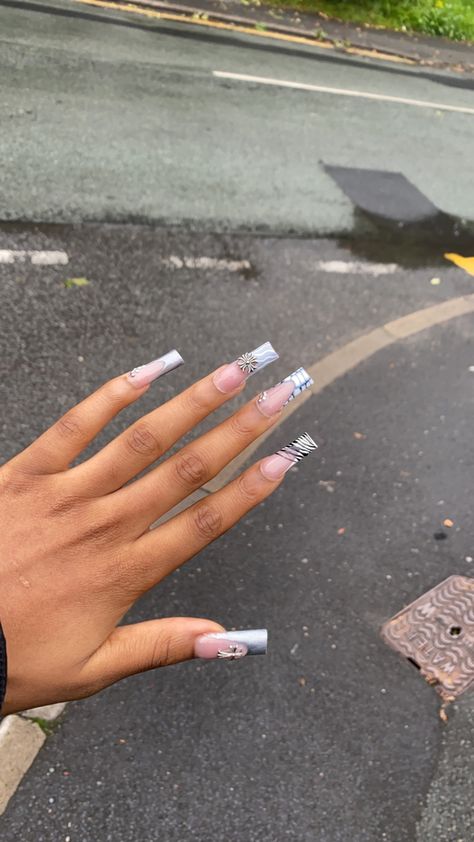 silver chrome silver gem nail french acrylic tips medium length croc design zebera design grey Chrome Croc Print Nails, Silver Chrome Nails With Gems, Chrome Croc Nails, Gem Nail Designs, Nail French, Acrylic Tips, Chrome Silver, Silver Chrome, Gem Nails