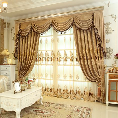 Baltic Embroidered Brown Beige color Floral Waterfall and Swag Valance and Sheers and Chenille Velvet Curtains Pair Royal Curtains, Curtain Design Modern, Valances For Living Room, Window Curtains Bedroom, Living Room Drapes, Bedroom Blinds, No Sew Curtains, Luxury Curtains, Elegant Curtains