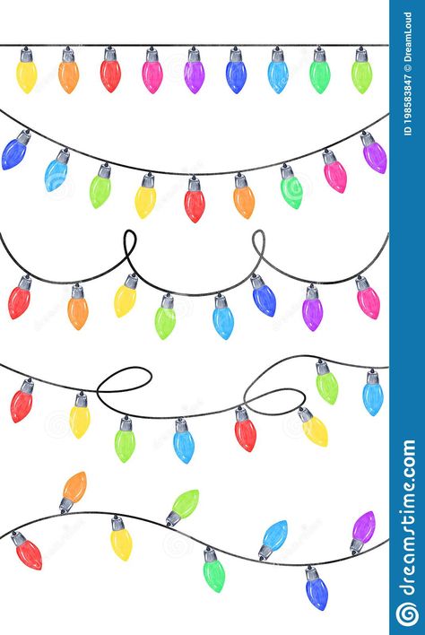 Photo about Watercolor christmas lights set isolated on white background. Various multicolor garlands for cards decoration. Image of hand, cards, decorative - 198583847 Light Bulb Printable, Christmas Lights Drawing, Christmas Lights Clipart, Christmas Lights Background, Christmas Lights Wallpaper, Christmas Light Bulbs, Christmas Doodles, Watercolor Christmas, Christmas Drawing