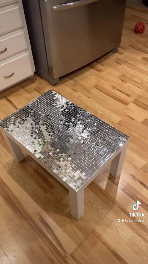 Diy Trendy Room Decor, Disco Ball Side Table, Disco Ball Stairs, Tile Tables Diy, Diy Disco Tile Decor, Disco Tile Table, Disco Tile Shelf, Diy Disco Ball Furniture, Disco Tile Wall