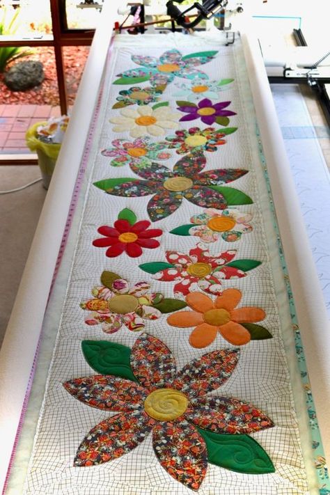 Blossoms Table Runner – Free Bird Quilting Designs Applique Table Runner, Patchwork Table Runner, Quilted Table Runners Patterns, Bird Quilt, Floral Table Runner, Free Bird, Crochet Table Runner, Table Runner And Placemats, Table Runner Pattern