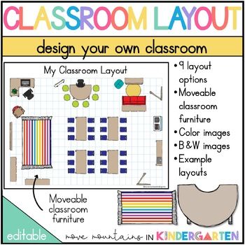 Are you looking for an easy way to map out your classroom layout? This product is the perfect solution to begin your classroom setup today! Using the moveable clipart in this product, you can easily sketch out where your items will be to make classroom setup a breeze! You will love this Editable Classroom Layout, Design Your Classroom File!What's included?Editable PPT File9 layout options2 layout examplesColored ClipartBlack and White Clipart30 clipart piecesIs this product editable?Yes, You will need PowerPoint to edit this product.This file includes copyrighted clipart that I received special permission to use how it is implemented in this product. You do not have the right to sell or re-share the clipart used in this product. Like matchy-matchy? Check out the rest of my Pastel Rainbow C Kindergarten Classroom Layout Floor Plans, Ideal Classroom Layout, Classroom Setup Elementary Layout, First Grade Classroom Set Up Layout, Special Needs Classroom Setup, Classroom Set Up Ideas Layout Elementary, Grade 2 Classroom Setup, Kindergarten Classroom Setup Layout, Small Classroom Setup Layout