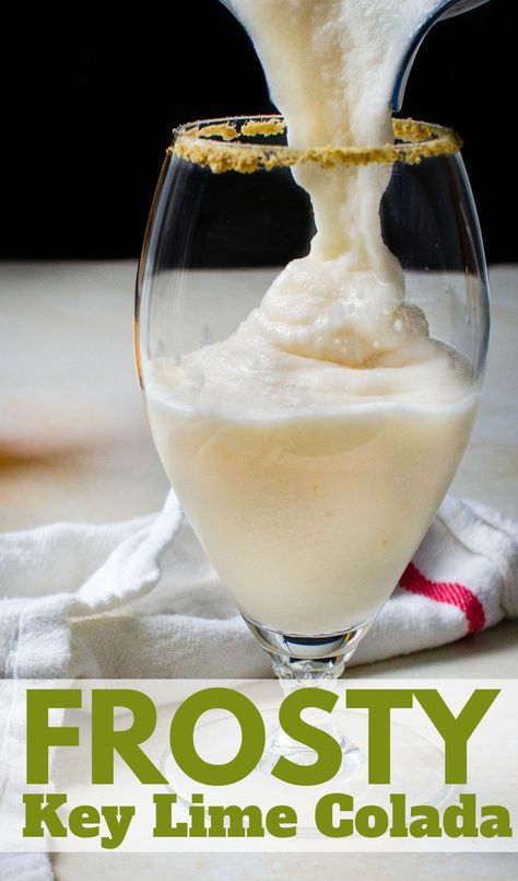 pouring key lime colada into a glass. Coco Real Cream Of Coconut Drink Recipes, Key Lime Colada Recipe, Coco Lopez Recipes, Lime Drink Recipes, Key Lime Drink, Key Lime Colada, Spiked Drinks, Banana Colada, Coconut Rum Drinks