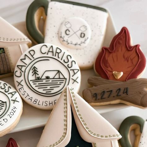 L A U R E N   A S H   C O O K I E S on Instagram: "I’m not a camper, but if the tents look like these.. I might consider it. 😆 Congratulations Carissa! 🥂💍 . . . . . . Designs sent to me to recreate.  . . . #campcookies #campingcookies #bachelorettecookies #bachelorettepartycookies #bachelorettepartyfavors #outdoorcookies #weddingcookies #bridecookies #bridalcookies #bachelorettepartyideas #sugarcookies #decoratedsugarcookies #decoratedcookies #cookiesofinstagram #tentcookies #firecookies #cookiedecorator #sugarcookiesofinstagram #cookier #cookieart #cookieartist #royalicingcookies" Bachelorette Party Cookies, Camping Cookies, Bride Cookies, Bachelorette Cookies, Bridal Cookies, Nature Party, Cake House, Cookies Decorated, Wedding Cookies