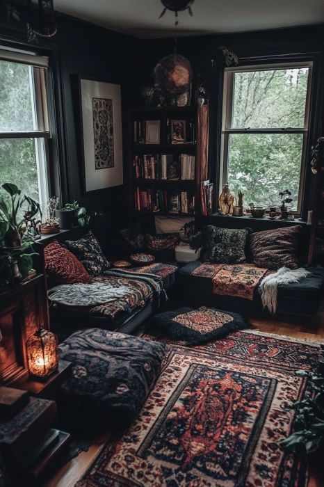 Dark Earthy Witchy, Dark Boho House Aesthetic, Dark Earthy Witchy Living Room, Gothic Bohemian Aesthetic, Dark Witchy Living Room, Whimsical Goth Living Room, Interior Design Witchy, Mystical House Decor, Dark Witchy Home Aesthetic