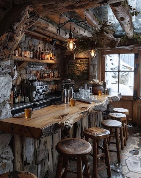 Wooden Bar Ideas For Home, Medieval Bar, Forest Bar, Butcher Block Countertops Kitchen, Rustic Basement Bar, Mountain Dream Homes, Western Interior, 70s Interior, Man Cave Room