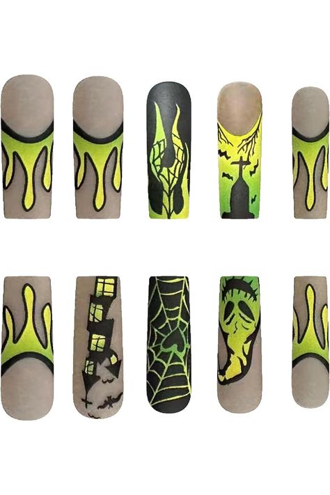 Long Square Fake Nails Halloween Press on Nails Matte Full Cover False Nails with Spider Web Designs Green Demon Acrylic Nails Gothic Press on Nails for Women Halloween Nail Decorations Nail Yellow, Nail Long, Witches Castle, Coffin Acrylics, China Nails, Halloween Press On Nails, Anime Nails, Green Gradient, Halloween Series