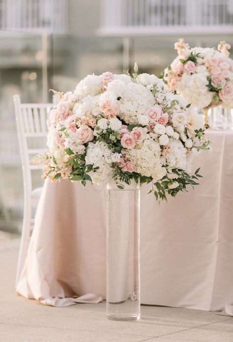 Dusty Pink Wedding Flowers, Pink Hydrangea Wedding, Pink Flower Centerpieces, Blush Centerpiece, Tall Centerpiece, Dusty Pink Weddings, Bridal Bouquet Peonies, Pink And White Weddings, Indoor Wedding Receptions