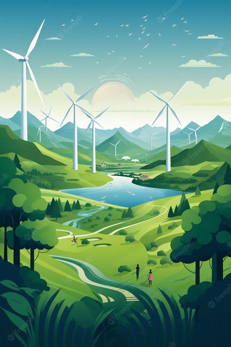 Premium AI Image | a poster for a wind farm with a road leading to the mountains Farm Illustration Design, Nature Poster Design, Agriculture Poster, Green Energy Design, Go Green Posters, Renewable Energy Design, Electricity Poster, World Environment Day Posters, Pencemaran Udara