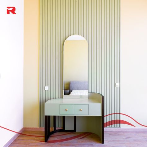 Morning routines just got a whole lot more luxurious. 💖 Get ready in style with this custom dressing table! 😍 Soft pastel green, fluted walls, and an arched mirror creating a serene & chic space. Ample storage keeps everything organized. ✨ #InteriorDesign #CustomFurniture #DubaiInteriors #DressingTable #ModernLuxury #HomeInspiration #FlutedPaneling #BedroomDesign #AlFurjanVilla #VillaInteriors #RedChilliesInteriors #RCi Fluted Walls, Villa Interiors, Luxurious Villa, Arched Mirror, Morning Routines, Chic Spaces, Contemporary Kitchen Design, Residential Interior, Pastel Green