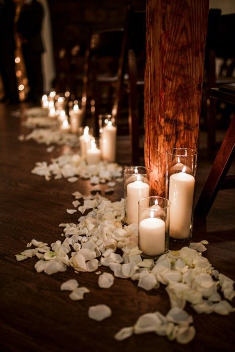 White Candles Wedding, Rose Petal Candle, Candles Reception, Aisle Candles, Ceremony Candles, Wedding Ceremony Ideas, White Roses Wedding, Candle Wedding Centerpieces, Church Wedding Decorations