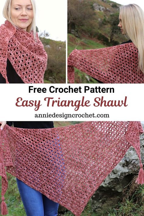 Free crochet pattern for an easy triangle shawl. Quick pattern using light weight yarn, simple repeat pattern that is relaxing to make. 500m of DK yarn will make this cosy shawl. You can also use any weight yarn in your stash, just use the hook size that suits your tension. The pattern is very versatile and suitable for a beginner. Only basic stitches are used in this pattern. #crochetshawl #crochettriangleshawl #easycrochetshawl Crochet Triangle Shawl, Crochet Triangle Shawl Pattern, Crochet Prayer Shawls, One Skein Crochet, Crochet Shawl Free, Awesome Crochet, شال كروشيه, Triangle Shawl, Crochet Shawl Pattern Free