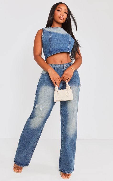 The Shape Mid Blue Acid Wash Denim Wide Leg Jeans. Head online and shop this season's range of shape at PrettyLittleThing. Double Denim Looks, Denim Wide Leg, Jean Large, Double Denim, Acid Wash Jeans, Acid Wash Denim, Denim Material, Asymmetrical Tops, Washed Denim