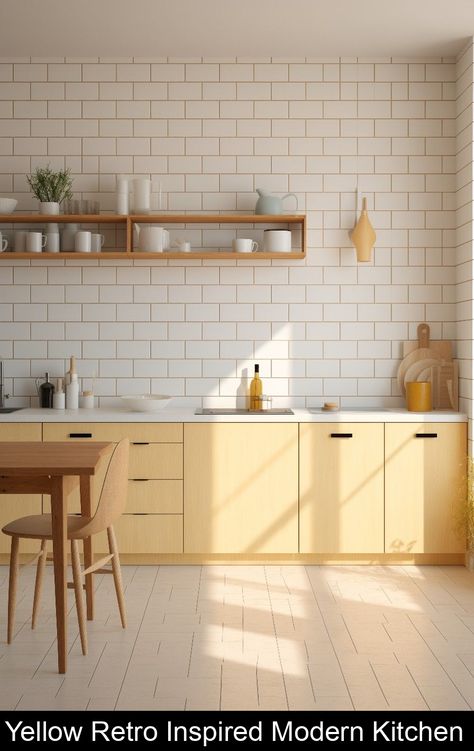 Yellow Retro Inspired Modern Kitchen #scandinavian #kitchen #ideas Simple Wooden Kitchen Cabinets, Copenhagen Kitchen Design, Yellow Pastel Kitchen, Yellow Plywood Kitchen, Yellow And Beige Kitchen, Yellow Mid Century Kitchen, Light Yellow Interior Design, Scandinavian Kitchen Floor, Colorful Kitchen White Cabinets