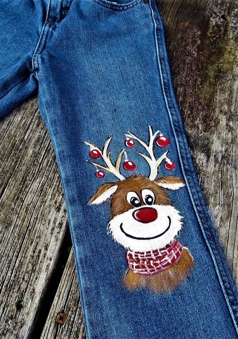 Christmas Jeans, Home Depot Apron, Hand Painted Jeans, School Spirit Week, Girls Pillows, Painted Jacket, Ugly Christmas Sweater Party, Painted Jeans, Embellished Denim