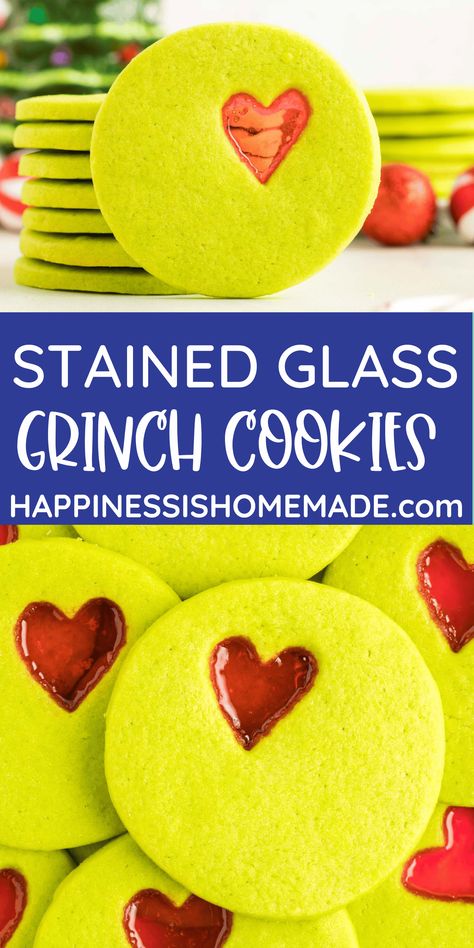 These easy-to-make Stained Glass Grinch Cookies are just SO cute! They make a great Christmas treat for family and friends! Stained Glass Grinch, Stained Glass Hearts, Christmas Cookie Frosting, Xmas Cookies Recipes, Glass Cookies, Grinch Cookies, Christmas Pastries, Stained Glass Cookies, Christmas Treats Boxes