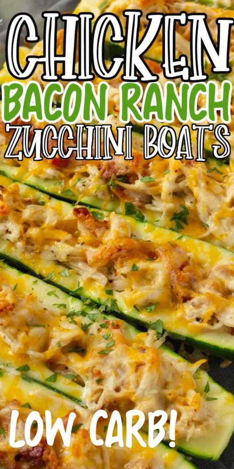 Get ready for a mouthwatering dinner with these Easy Chicken Bacon Ranch Zucchini Boats! Tender chicken, crispy bacon, garlic, and creamy Ranch dressing are stuffed into fresh zucchini boats and baked to perfection in the oven. These boats are low-carb, healthy, and super easy to make. Plus, they're a great way to use up all that zucchini from your garden! Try them today and enjoy a delicious and satisfying dinner in no time. Chicken Bacon Ranch Zucchini, Ranch Zucchini, Low Carb Zucchini Recipes, Zucchini Boat, Zucchini Recipes Baked, Zucchini Boat Recipes, Easy Zucchini Recipes, Zucchini Recipe, Zucchini Boats