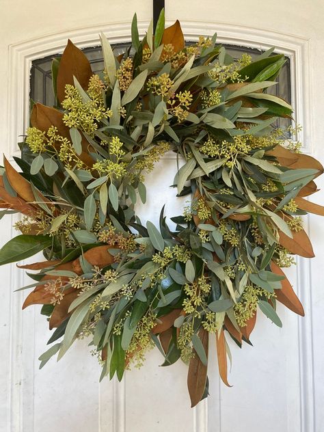 Decorate your home with our fresh magnolia, eucalyptus seeded, and olive wreath. This wreath is used all year long and is a perfect gift for any occasion. It looks beautiful in any home. Don't forget to mist wreath daily and avoid direct sunlight to help wreath last longer. Will usually last about 1-2 weeks if taken proper care. Refunds: For any refunds you must send a credit request within 24 hours of receipt with photos of damage and we will refund you. We will not refund past 24 hours of receipt. Shipping: if ordering for a specific event please put the desired arrival date and the event date in the comments of your purchase. Magnolia Eucalyptus Wreath, November Porch Decor, Fall Outdoor Wreaths, Minimalist Fall Wreath, Modern Fall Wreaths For Front Door, Italian Wreath, Thanksgiving Wreaths For Front Door, Front Door Wreath Ideas, Wreath On Front Door