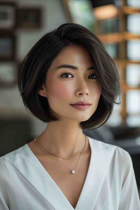 Bob Hairstyle Asian, Side Part Chin Length Bob, Bob Hairstyles For Asian Women, Sharp Bob Haircut, Side Swept Bob, Apple Cut Hairstyle, Asian Hair Bob, Polished Hairstyles, Bob With Side Bangs