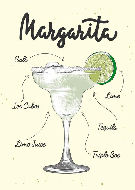 Vector engraved style Margarita alcoholic cocktail illustration for posters, decoration, logo and print. Hand drawn sketch with lettering and recipe, beverage ingredients. Detailed colorful drawing. Cocktails Drawing, Cocktail Margarita, Daiquiri Cocktail, Decoration Logo, Beer Wall, Colorful Drawing, Cocktail Illustration, Recipe Drawing, Beach Cocktails