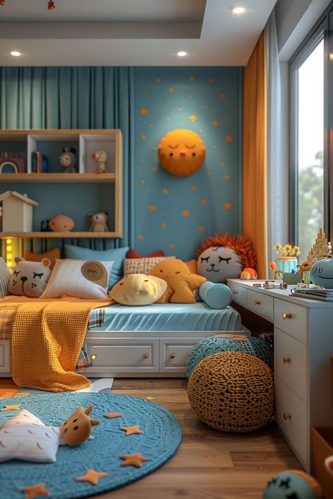 Playful Children's Room Design in Soothing Hues: Immerse in a whimsical world where soft blue walls adorned with orange stars create a celestial charm. This cozy haven features a daybed, playful cushions, and vibrant accents like a mustard-yellow blanket. Crafted with timeless design by NOVASPACE PROMOciones, your child's imagination will thrive here. Explore your passive house dream today! Blue And Mustard Bedroom Ideas, Colourful Kids Bedroom, Children's Room Design, Soft Blue Walls, Yellow Blanket, Passive House Design, Room Illustration, Shared Kids Room, House Dream