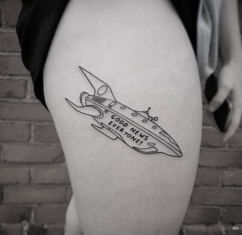 Futurama Ship Tattoo, Futurama Tattoo Simple, Planet Express Tattoo, Futurama Flash Tattoo, Futurama Tattoo Ideas, Robot Tattoos, Red Hair Tattoos, Futurama Tattoo, Space Sleeve