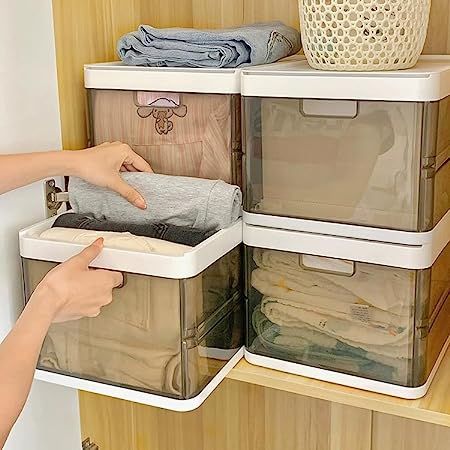 4 Pack Stackable Plastic Storage Bins with 2 lid, Foldable Closet Organizers Storage Box, Drawer Organizers for Clothes, Toys, Clear with Black (Plastic) Storage Containers For Clothes, Organization Closet Storage, Dorm Items, Organizer Drawers, Closet Storage Drawers, Clothes Drawer Organization, Stackable Plastic Storage Bins, Plastic Storage Drawers, Closet Storage Bins