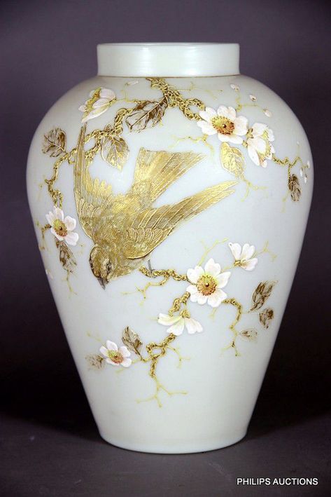 A large signed Thomas Webb satin ivory glass vase, circa 1880s,… - English - Victorian - Glass - Carter's Price Guide to Antiques and Collectables Victorian Vases, Miami Decor, Flower Branches, Spanish Decor, Aesthetic Decoration, Bird Flying, Italian Decor, Decorative Vases, Short Neck