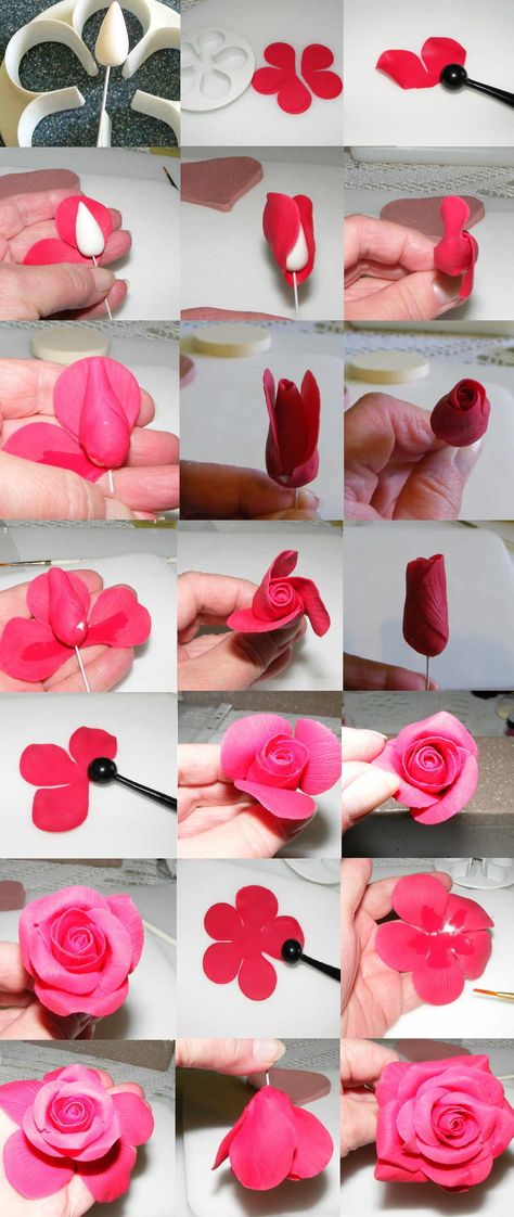 fimo-pasta-polymer clay rose tutorial - step by step Fondant Tutorial Step By Step, Clay Rose Tutorial, Step By Step Polymer Clay, Sculpture Polymer Clay, Polymer Clay Rose, Fimo Diy, Polymer Clay Tutorials, Fondant Flower Tutorial, Diy Polymer Clay