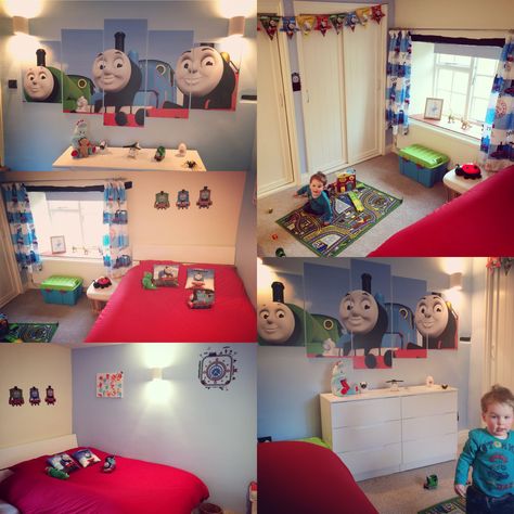 Thomas The Train Room Ideas, Thomas The Train Bedroom, Thomas The Train Room, Toddler Train Room, Train Bedroom For Boys, Thomas The Tank Engine Bedroom, Thomas Bedroom, Train Bedroom, Train Room