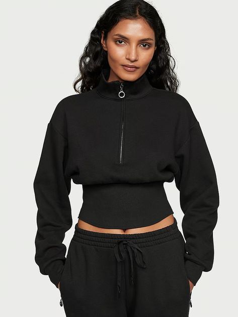 Cotton Fleece Corset Half-Zip Mock Neck Pullover - Apparel - Victoria's Secret Black Crop Sweatshirt, Pink Corset, Sweatshirts Online, Black Fleece, Corset Style, Cozy Sweatshirts, Crop Sweatshirt, Cotton Fleece, Black Crop