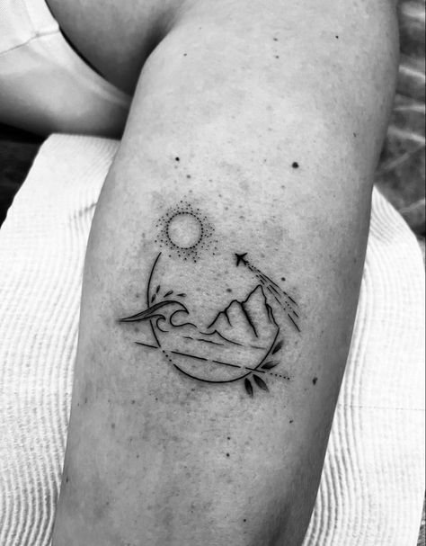 340+ Beach Tattoo Designs (2023) - TattoosBoyGirl Moon Wave Mountain Tattoo, Tiny Adventure Tattoos, Mountain And Palm Tree Tattoo, Mountains And Beach Tattoo, Beach Mountain Tattoo, Mountain Beach Tattoo, New Tattoo Designs 2023, Wave Mountain Tattoo, Waves And Mountains Tattoo