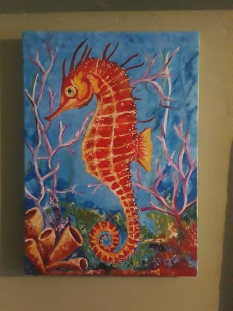 Under The Sea Painting Easy, Sea Horse Painting, Seahorse Acrylic Painting, Under The Sea Acrylic Painting, Sea Horse Painting Acrylics, Seahorse Painting, Under The Sea Oil Painting, Seahorse Art, Nature Art Drawings