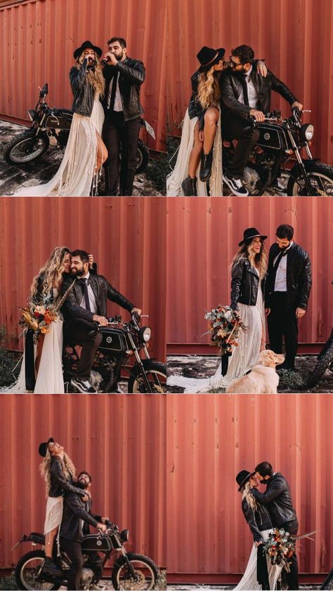 Motorcycle Wedding Outfits For Women, Biker Bride Outfit, Boots In Wedding Dress, Boho Biker Wedding, Rocker Couple Photoshoot, Edgy Wedding Dress Rockers, Motorcycle Prenup Ideas, Wedding Valentines Day, Biker Wedding Photos