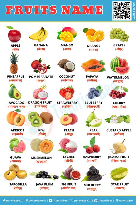 Learn 30 fruits name english to hindi. Fruits Names In English And Hindi, Fruits Name In Hindi, Fruits Name With Picture, Fruits Photography, Fruits Name, Vegetables List, Name For Kids, Fruits And Vegetables List, Fruits Name In English