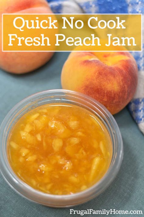 Easy Peach Freezer Jam Easy Peach Jam Recipe, Fresh Peach Jam, Peach Jam Recipe Without Pectin, Peach Freezer Jam, Raspberry Freezer Jam, Peach Jam Recipe, Freezer Jam Recipes, Peach Jelly, Jam Recipes Homemade