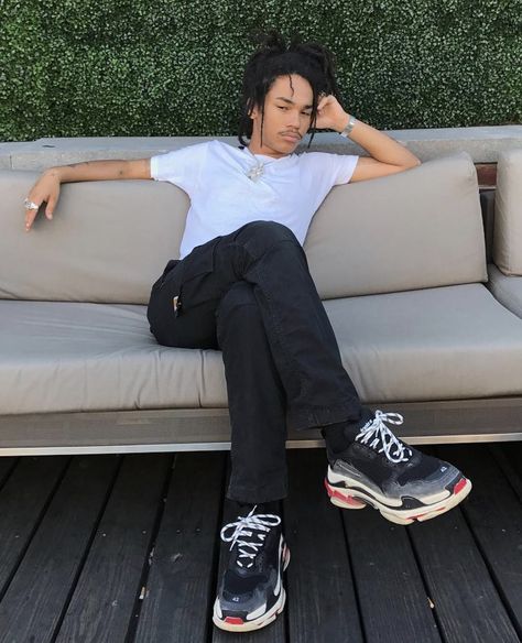 BALENCIAGA Triple S Trainers In Black Colorway on Luka Sabbat Triple S Outfit Men, Balenciaga Triple S Outfit Men, Lukas Sabbat, Balenciaga Triple S Outfit, Tomboys Outfit, Triple S Outfit, Lukka Sabbat, Honey Dip, Luka Sabbat