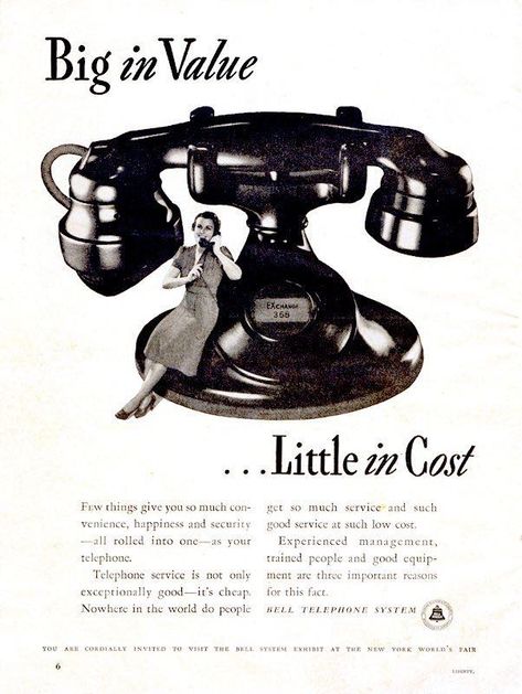 1940s Bell System magazine ad. "Big in Value ...Little in Cost." Phone Poster, 1950s Advertising, Modern Postcard, Phone Charger Holder, Vintage Telephone, Old Phone, Desk Phone, Telephones, Advertising Poster