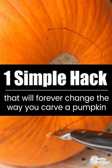 This pumpkin carving hack is a total game changer! You'll never carve your pumpkin the same way again! #HappyHooligans #HalloweenHack #PumpkinCarving #PumpkinTips #EasyCarving #Jackolanterntips #JackolanternHacks Pumpkin Carving Images, Pumpkin Carving Tricks, Pumpkin Carving Tips And Tricks, How To Carve A Pumpkin Easy, Winning Pumpkin Carving Contest Ideas, Easy Pumpkin Carving Ideas For Kids, Evil Pumpkin Carving, Scary Pumpkin Carvings, Christmas Pumpkin Carving