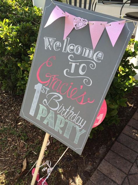 Baby's first birthday! Welcome sign for Gracie's party Welcome Board For Birthday Party Chalkboard Signs, Ariana Birthday, Abba Party, Outdoor Birthday Party Decorations, First Birthday Welcome Sign, Volleyball Party, Frozen Birthday Party Decorations, Sofia The First Birthday Party, 1st Birthday Party For Girls