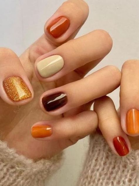 55+ Cute Fall Korean Nails for the Perfect Autumn Vibes#Nail #nailcolor #nailpolish Autumn Skittle Nails, Thanksgiving Toe Nail Designs, Short Fall Nail Designs Autumn, Thanksgiving Nail Colors Gel, Mustard Yellow Fall Nails, Fall Season Nails Gel, Autumn Shellac Nails, Fall Korean Nails, Autumn Manicure Fall Nails Ideas