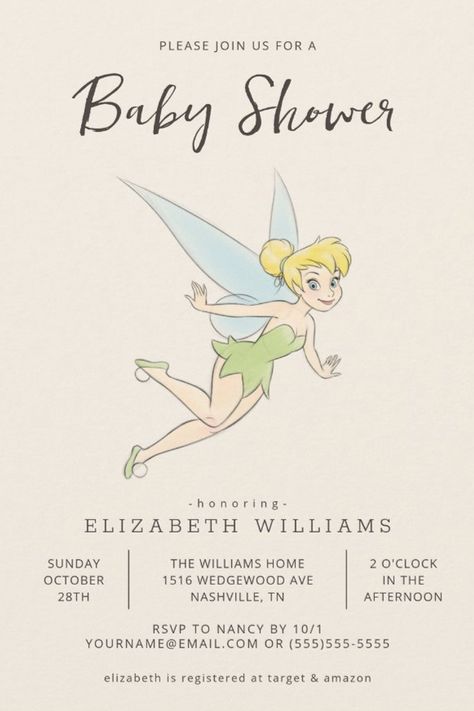 Simple Tinker Bell Baby Shower Invitation
Invite all your family and friends to your Baby Shower with these sweet Tinker Bell Baby Shower invitations. Personalize by adding all your shower details! Tinker Bell Birthday, Tinker Bell Baby Shower Ideas, Tinkerbell Baby Shower Ideas, Tinkerbell Invitations, Tinkerbell Party Theme, Fairytale Baby Shower, Fairy Baby Showers, Tinker Bell Costume, Tinkerbell Party