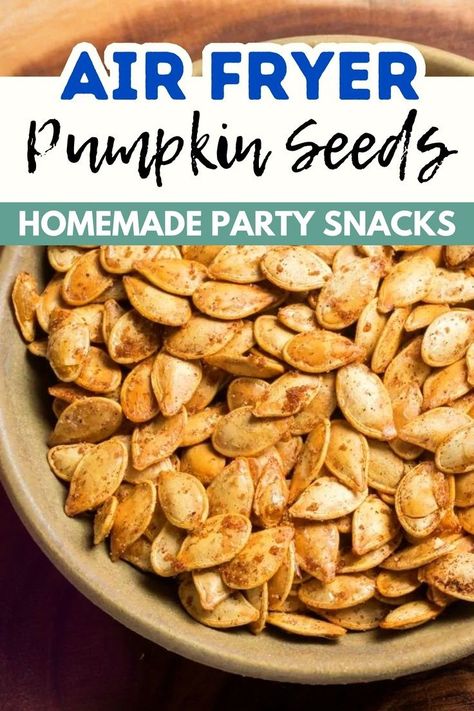 Looking for a quick and easy way to cook roasted pumpkin seeds? This Air fryer pumpkin seed recipe is a quick and easy way to use up leftover pumpkin seeds from Halloween. There are so many benefits to roasted pumpkin seeds and in this recipe we're going to show you an easy roasting method using your Air fryer, PLUS spiced seasoning ideas. These Air fryer pumpkin seeds make great Christmas party food, homemade party snack or a healthy snack Roasted Pumkin Seeds, Pumpkin Seed Recipes Salted, Making Pumpkin Seeds, Oven Roasted Pumpkin Seeds, Easy Christmas Party Food, Air Fryer Pumpkin Seeds, Cinnamon Sugar Pumpkin Seeds, Easy Pumpkin Seeds, Best Pumpkin Seed Recipe