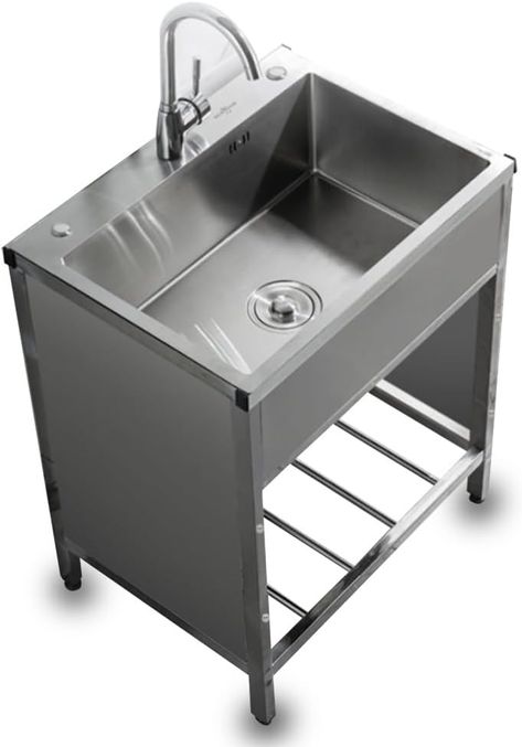 Aigoss Free Standing Commercial Kitchen Sink, Single Bowl Stainless Steel Utility Sink with Faucet ＆ Storage Shelves, for Restaurant, Kitchen, Garage, 5 Sizes (Size : L22 xW18 xH29) : Amazon.ca: Tools & Home Improvement Garage Sink, Commercial Kitchen Sink, Restaurant Sink, Stainless Steel Utility Sink, Commercial Kitchen Design, Garden Workshop, Metal Restaurant, Metal Sink, Commercial Sink